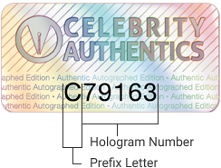 Celebrity Authentics hologram showing the prefix letter C followed by the hologram number 79163