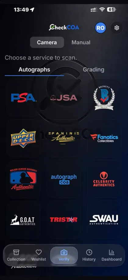 CheckCOA app: choose a service to scan