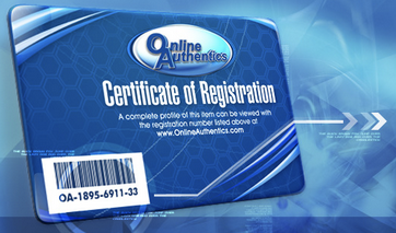 OnlineAuthentics Certificate of Registration card showing the barcode and the registration number OA-1895-6911-33